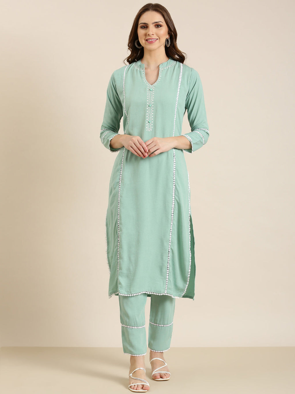 Women's Sea Green Regular Thread Work Kurta Set
