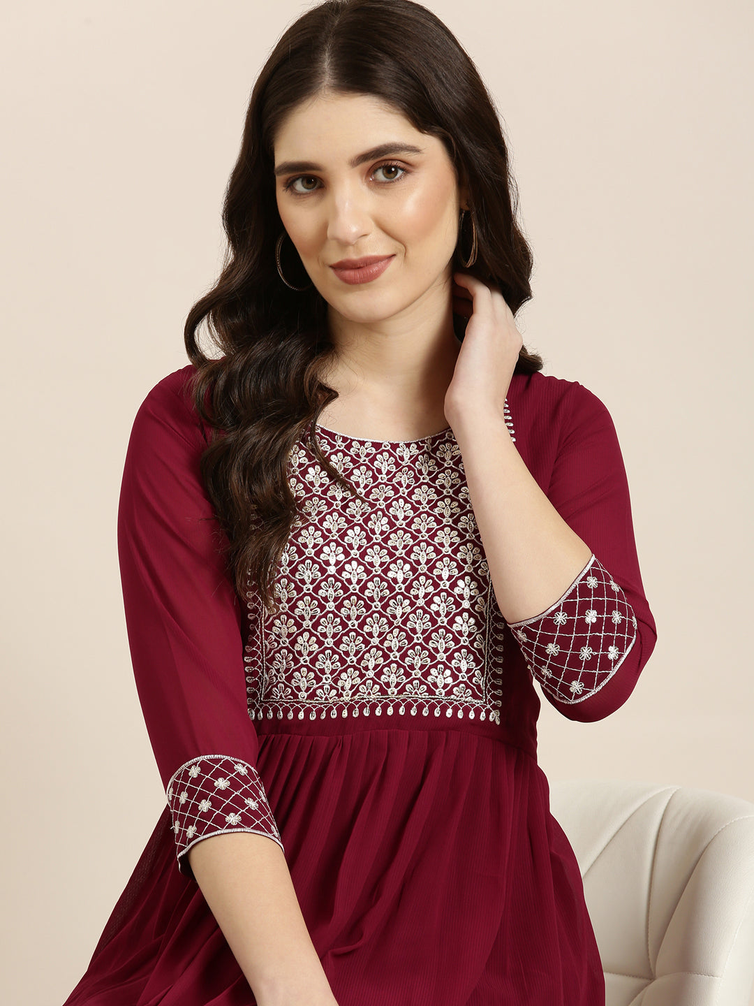 Women's Magenta Ethnic Motifs Embroidered Sequinned Georgette Anarkali Kurta