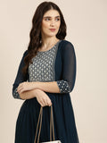 Women's Teal Geometric Embroidered Thread Work Anarkali Kurta