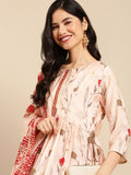 Women's Peach Floral Printed Beads and Stones Kurta Sets with Dupatta