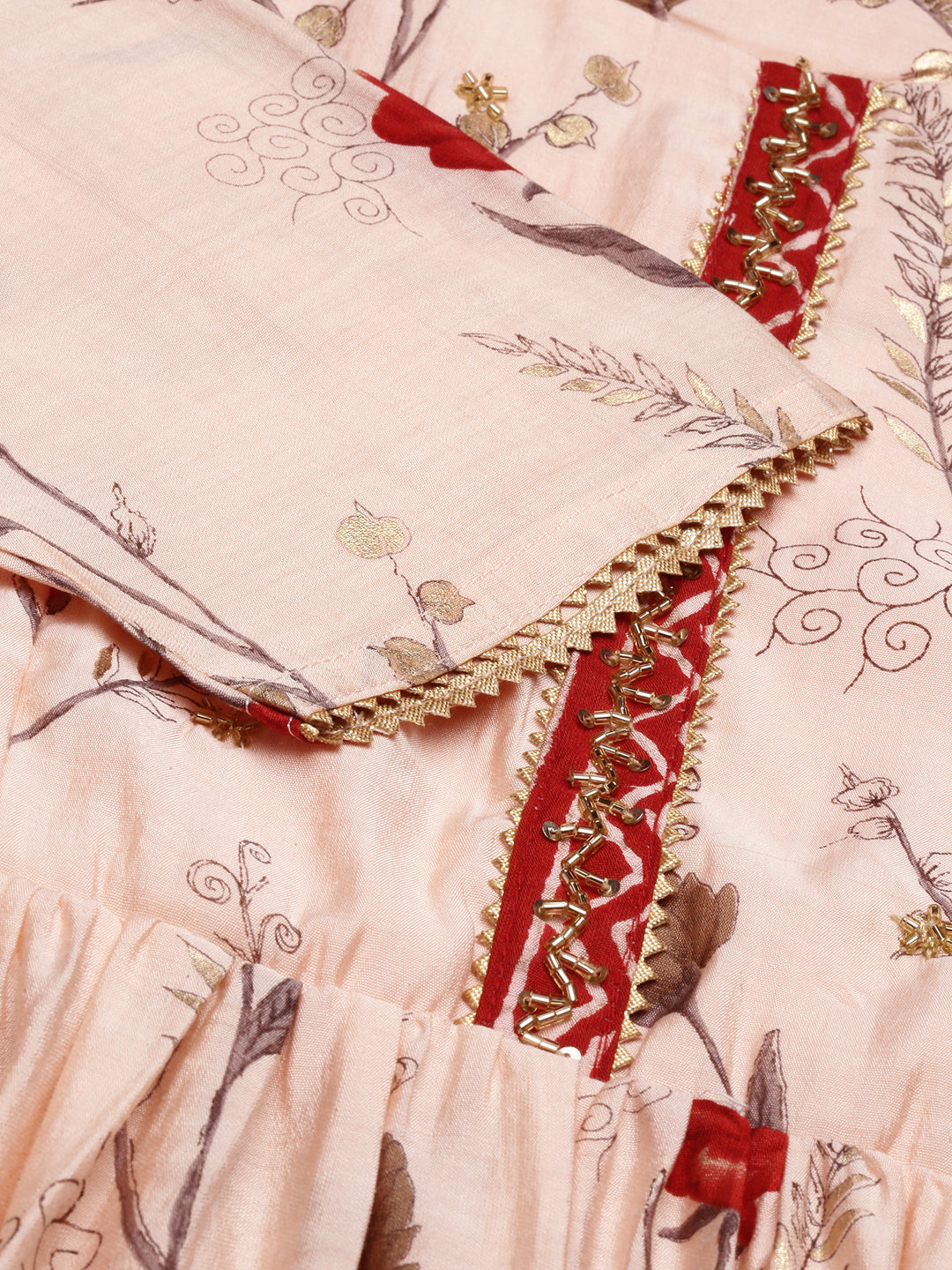 Women's Peach Floral Printed Beads and Stones Kurta Sets with Dupatta