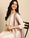 Women's Beige Printed Pleated Kurta Sets with Dupatta