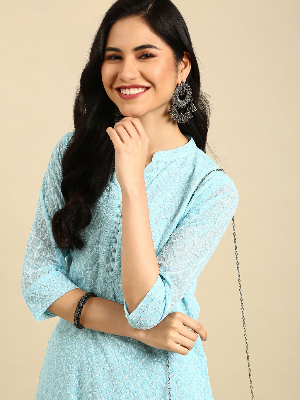 Women's Blue Floral Printed Chikankari Kurta Sets with Palazzos