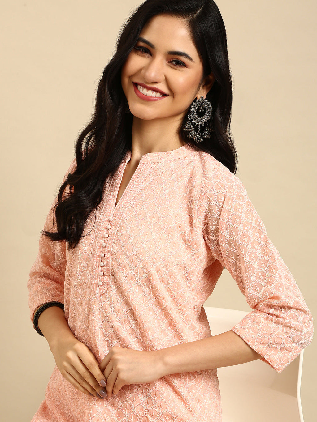 Women's Peach Ethnic Motifs Embroidered Thread Work Kurta Sets