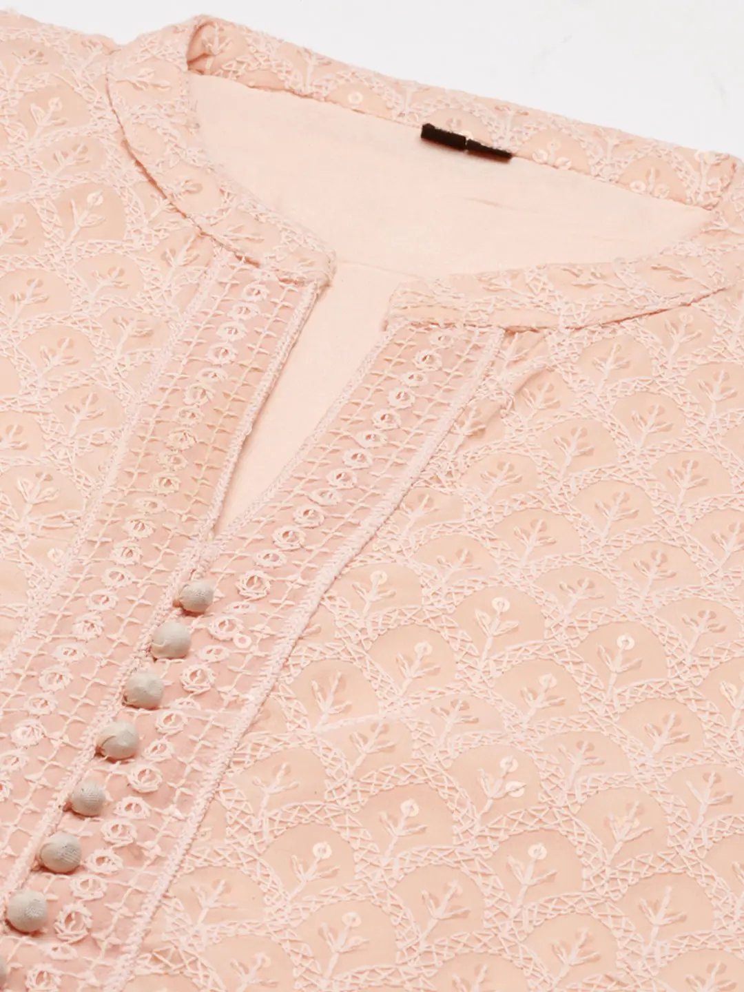 Women's Peach Ethnic Motifs Embroidered Thread Work Kurta Sets