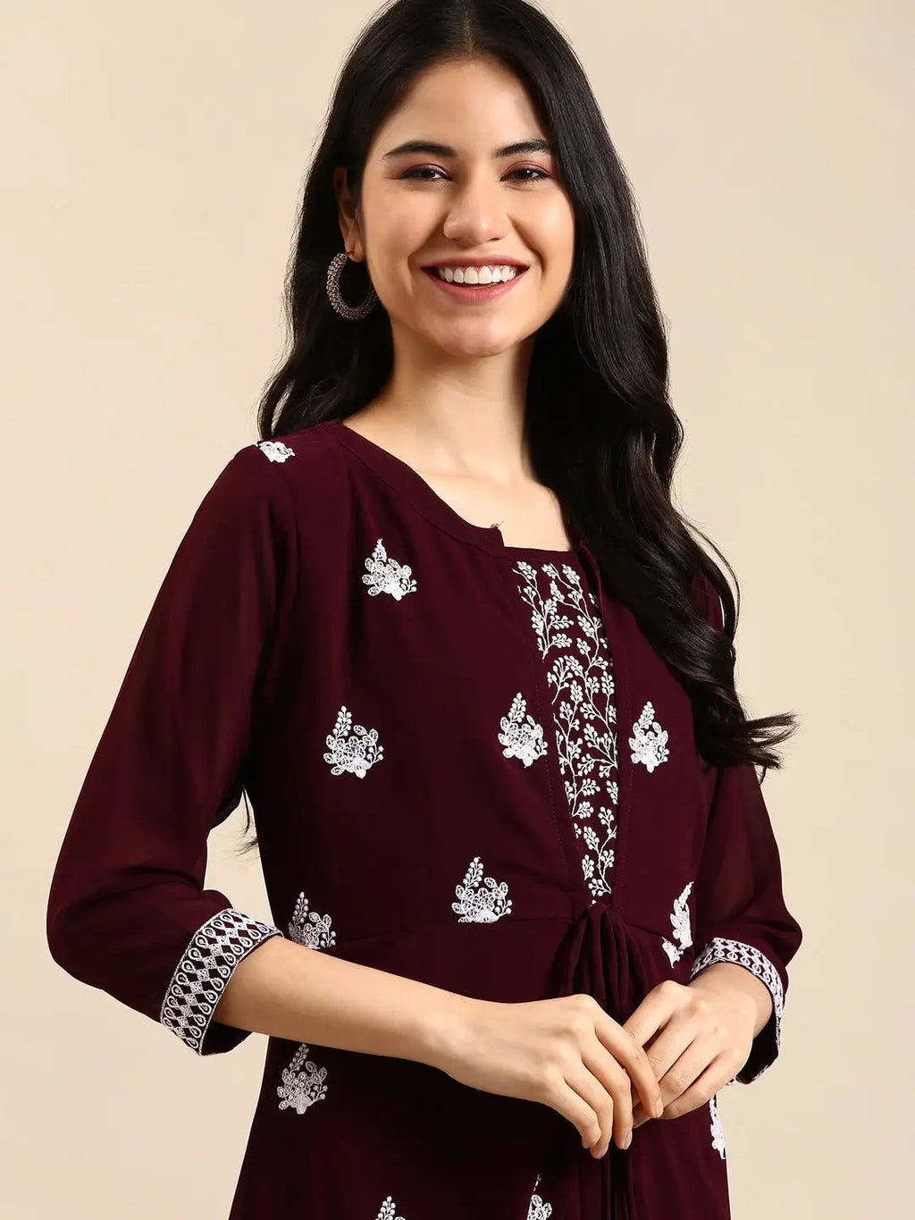 Women's Red Embroidered A-Line Kurta