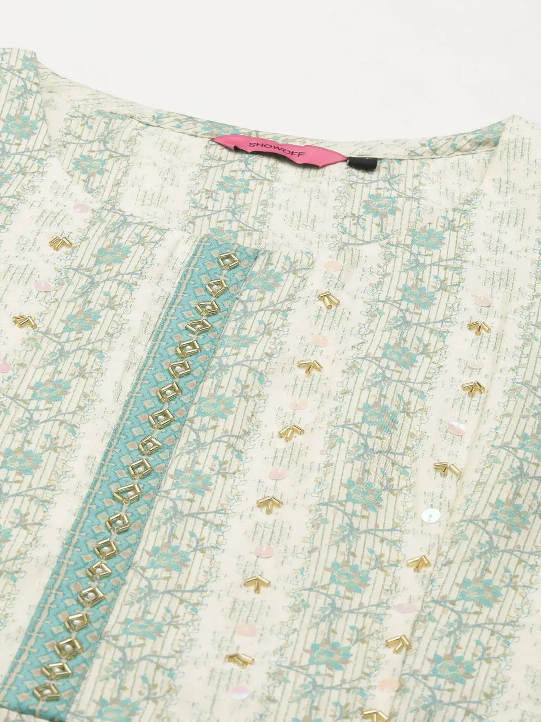 Women's Cream Printed Empire Chanderi Silk Kurta Set