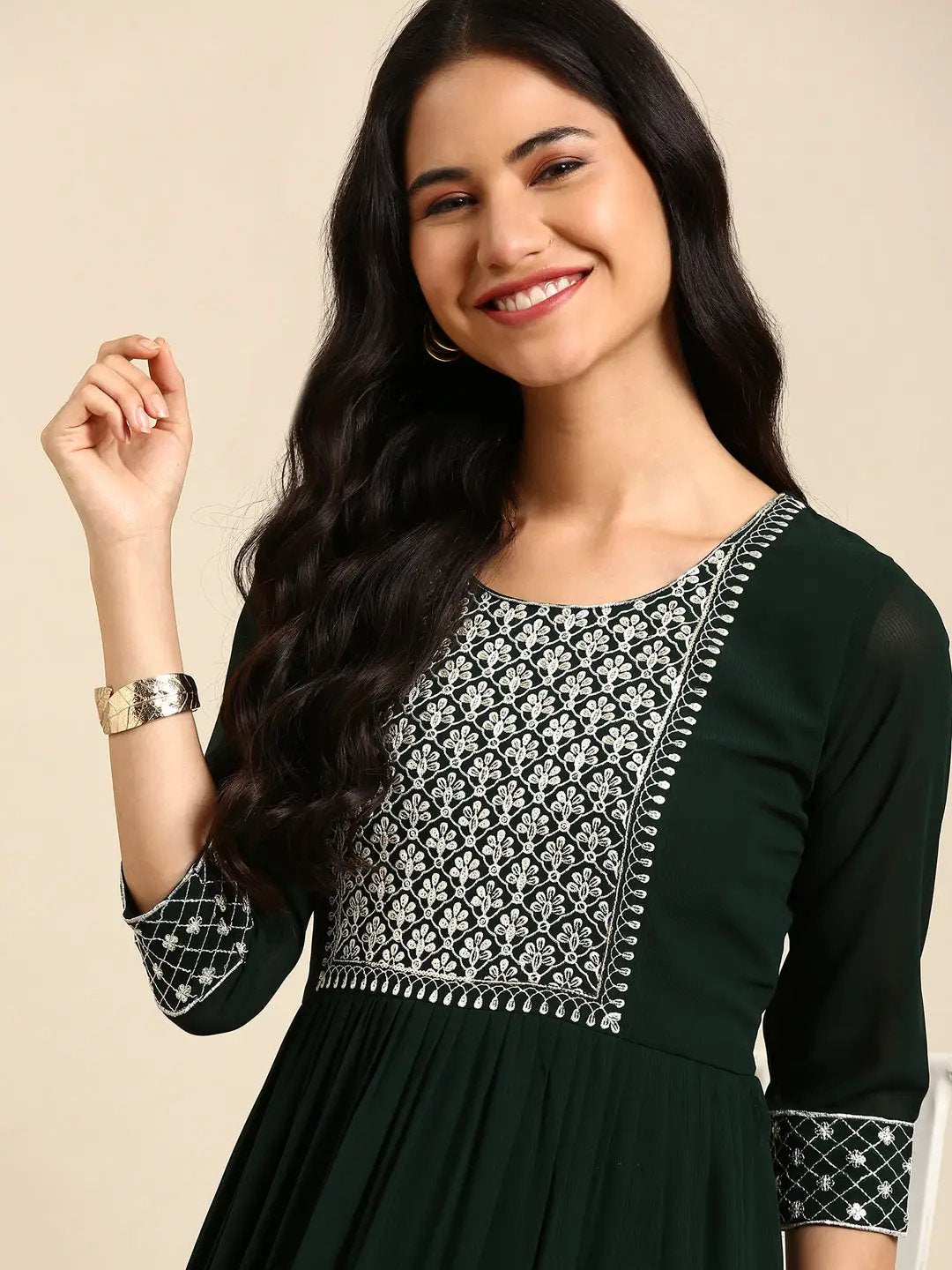 Women's Green Floral Thread Work Anarkali Kurta