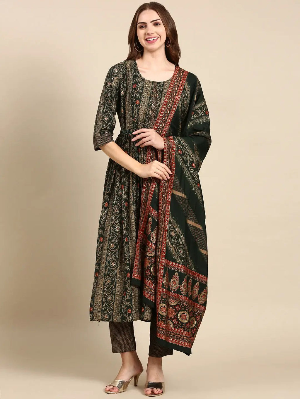 Women's Green Printed Beads and Stones Dupion Silk Kurta Set with Dupatta