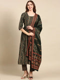 Women's Green Printed Beads and Stones Dupion Silk Kurta Set with Dupatta