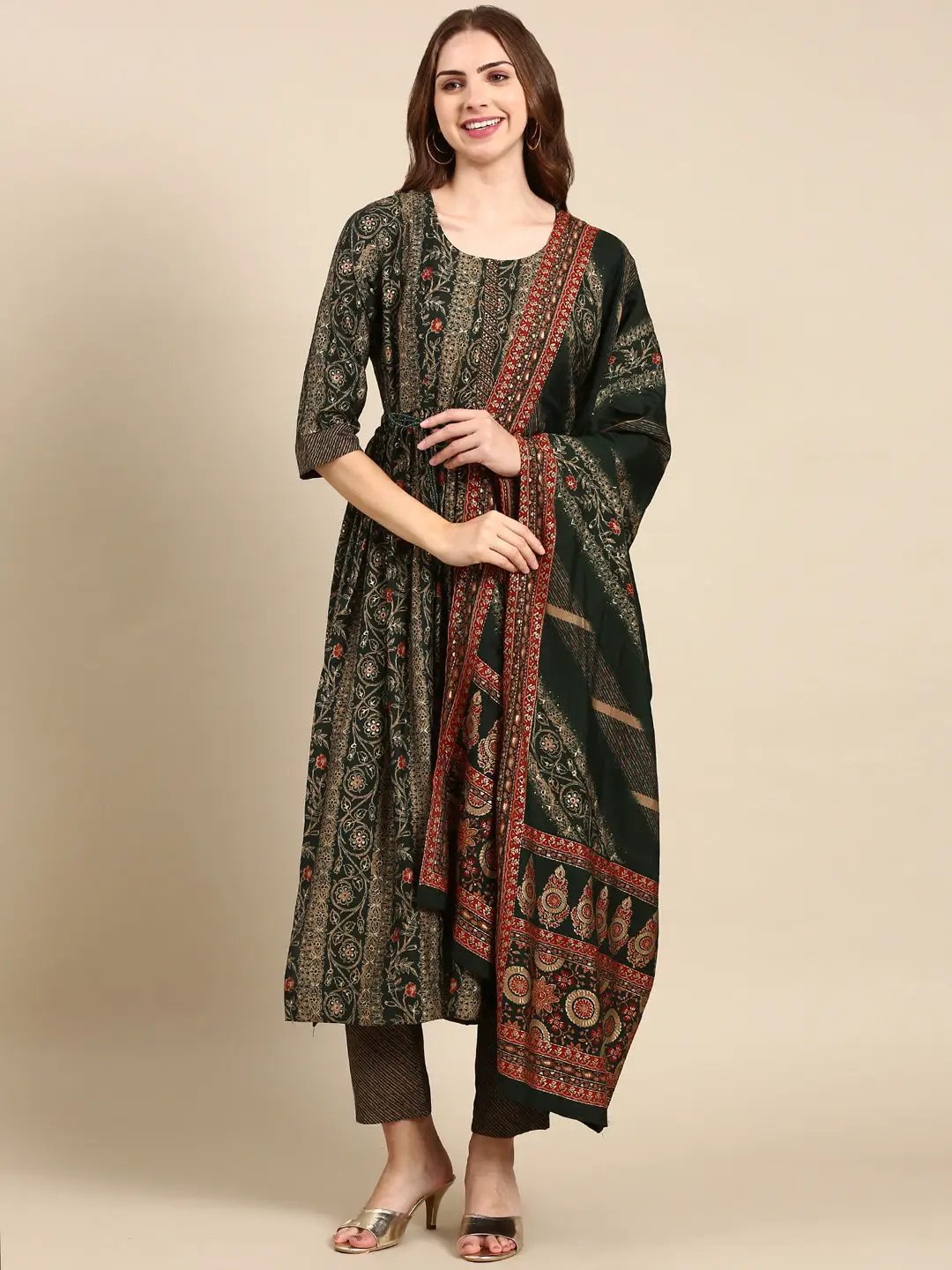 Women's Green Printed Beads and Stones Dupion Silk Kurta Set with Dupatta