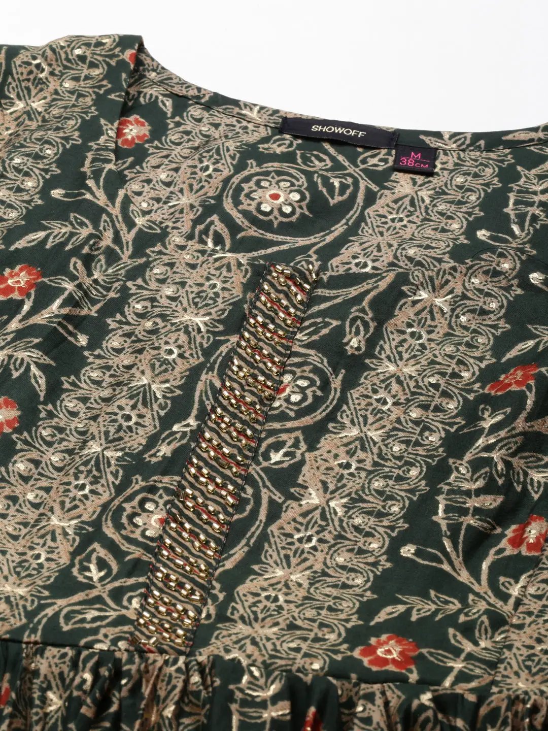 Women's Green Printed Beads and Stones Dupion Silk Kurta Set with Dupatta