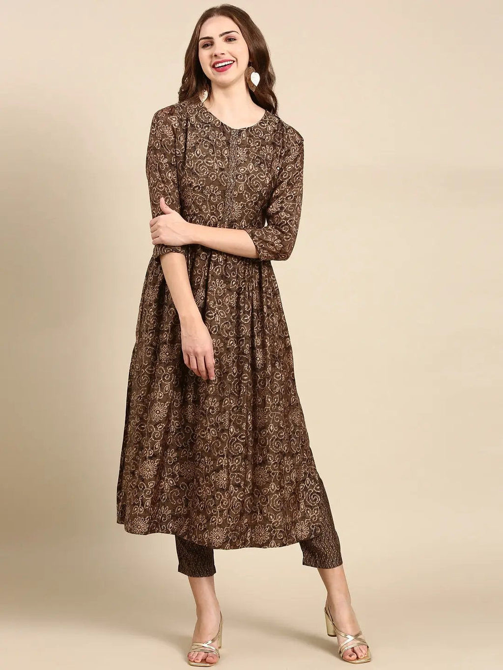 Women's Taupe Floral Printed Beads and Stones Kurta Set