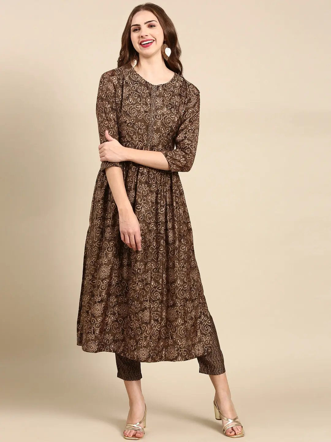 Women's Taupe Floral Printed Beads and Stones Kurta Set