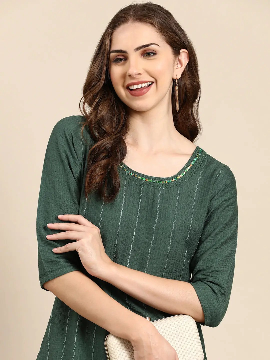 Women's Green Printed Thread Work Sequinned Kurta Set