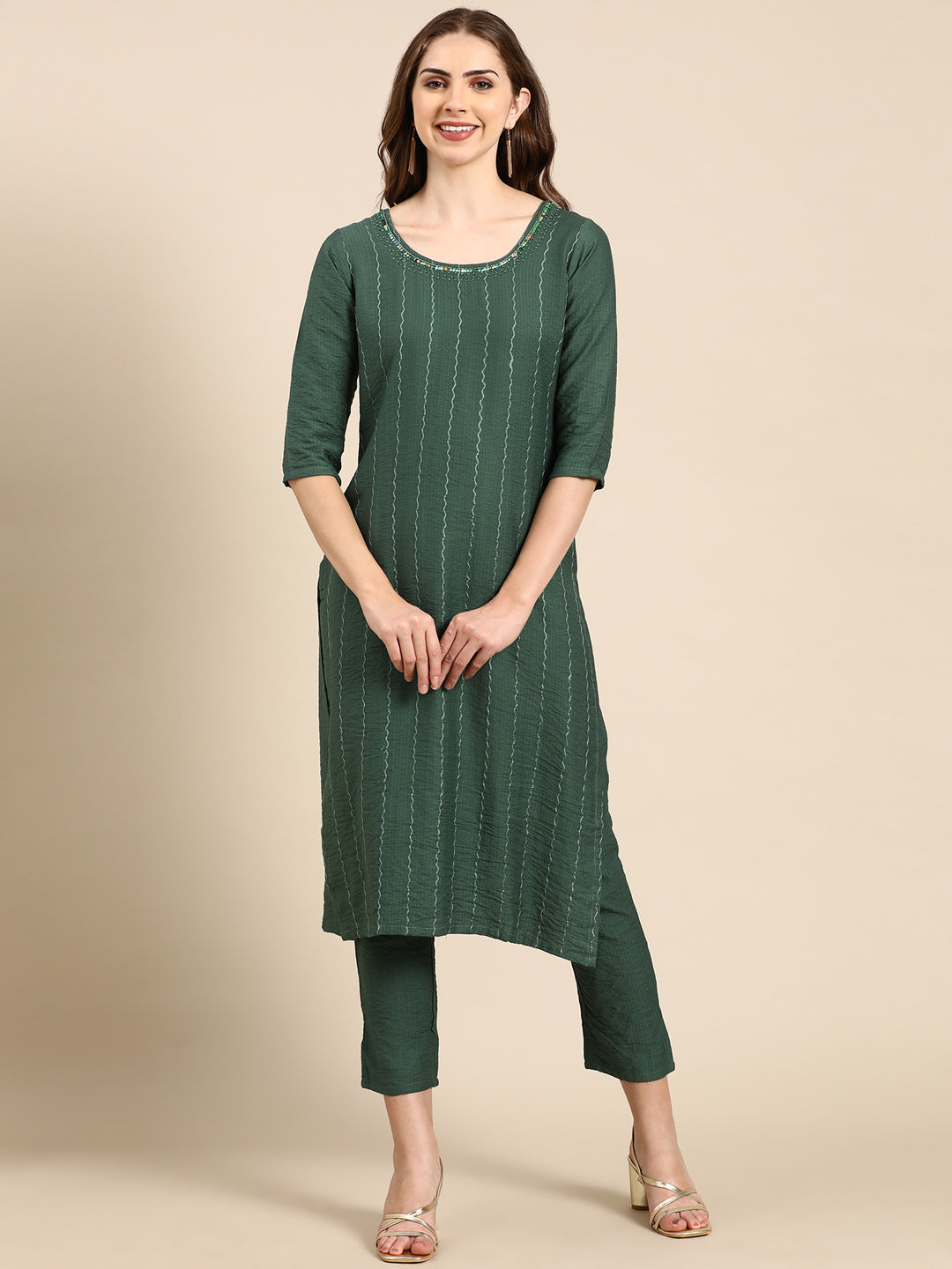 Women's Green Printed Thread Work Sequinned Kurta Set