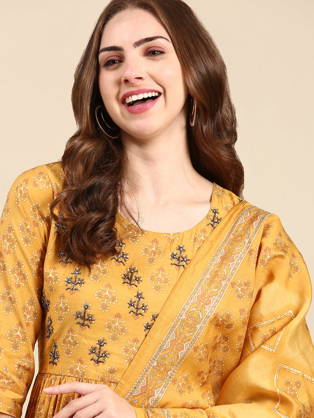 Women's Mustard Ethnic Motifs Printed Kurta Set with Dupatta