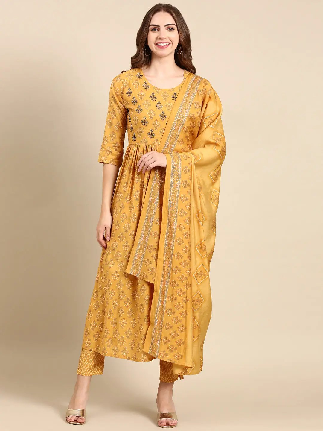 Women's Mustard Ethnic Motifs Printed Kurta Set with Dupatta