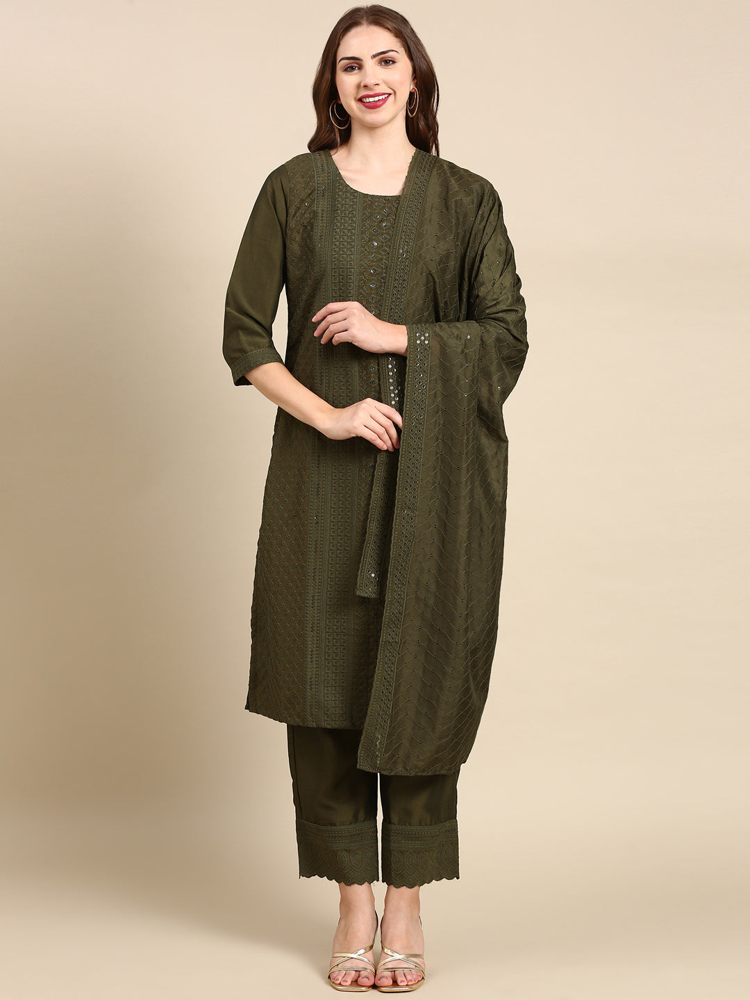Women's Olive Ethnic Embroidered Kurta Set with Dupatta