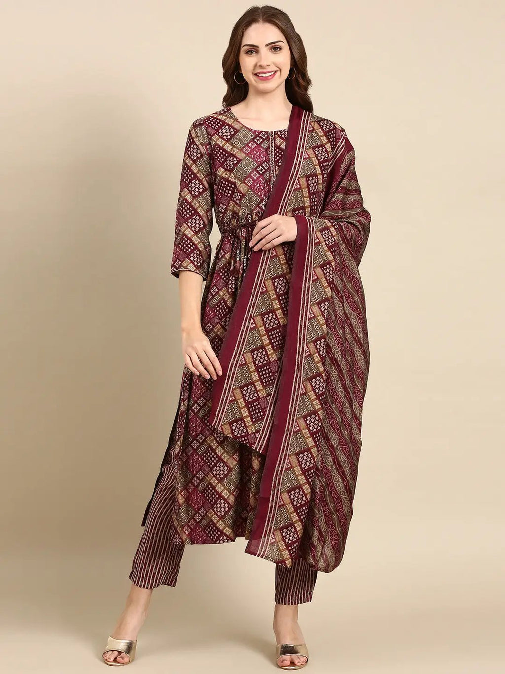 Women's Violet Printed A-Line Kurta Set With Dupatta