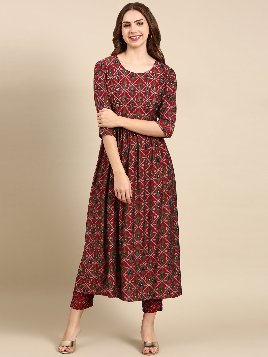 Women's Maroon Ethnic Motifs Printed Kurta Set
