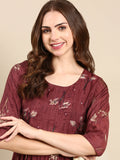 Women's Violet Floral Printed Beads and Stones Kurta Set