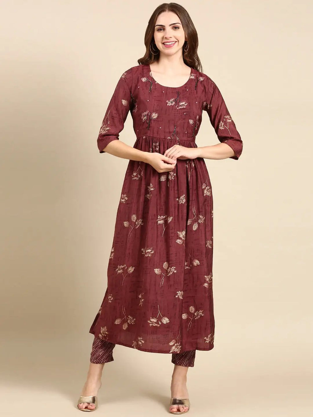Women's Violet Floral Printed Beads and Stones Kurta Set