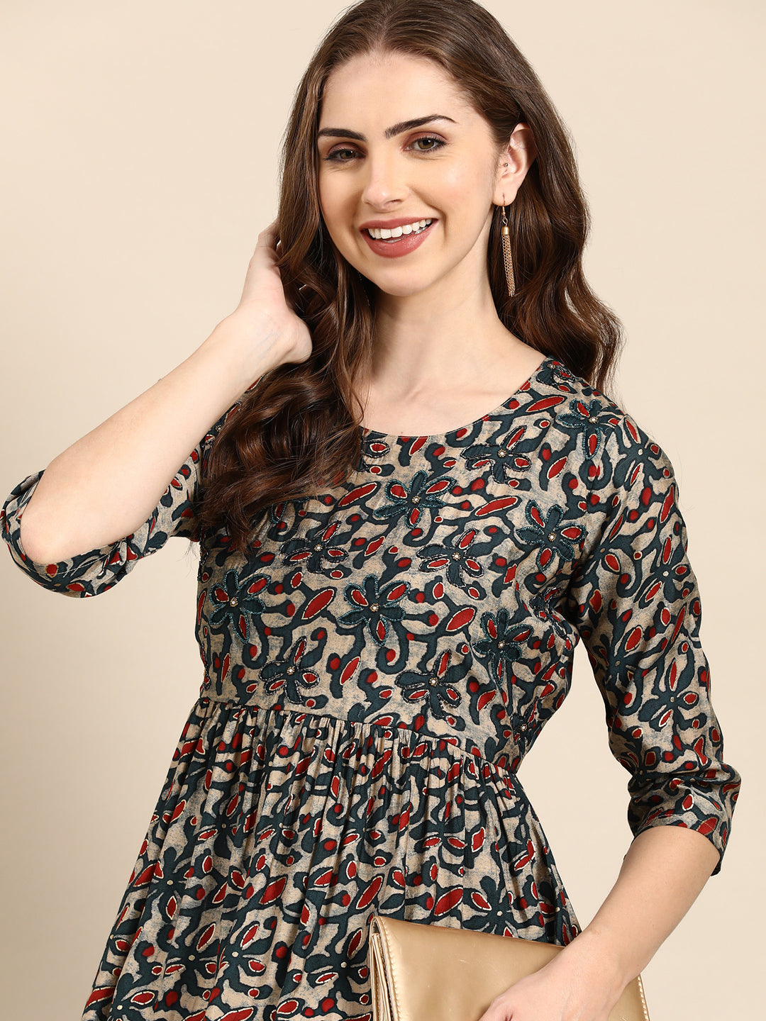 Women's Teal Floral Printed Beads and Stones Kurta Set