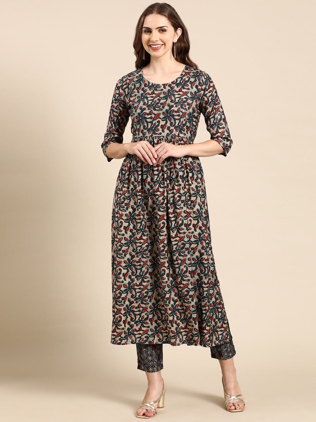 Women's Teal Floral Printed Beads and Stones Kurta Set