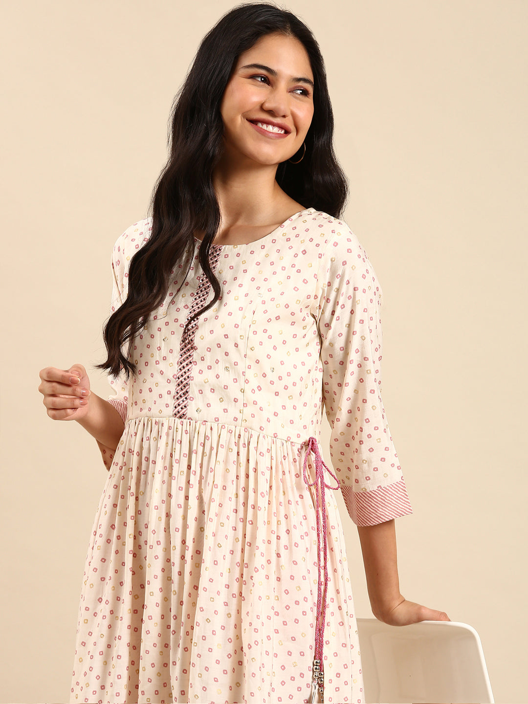 Women's Bandhani Cream Anarkali Kurta Set
