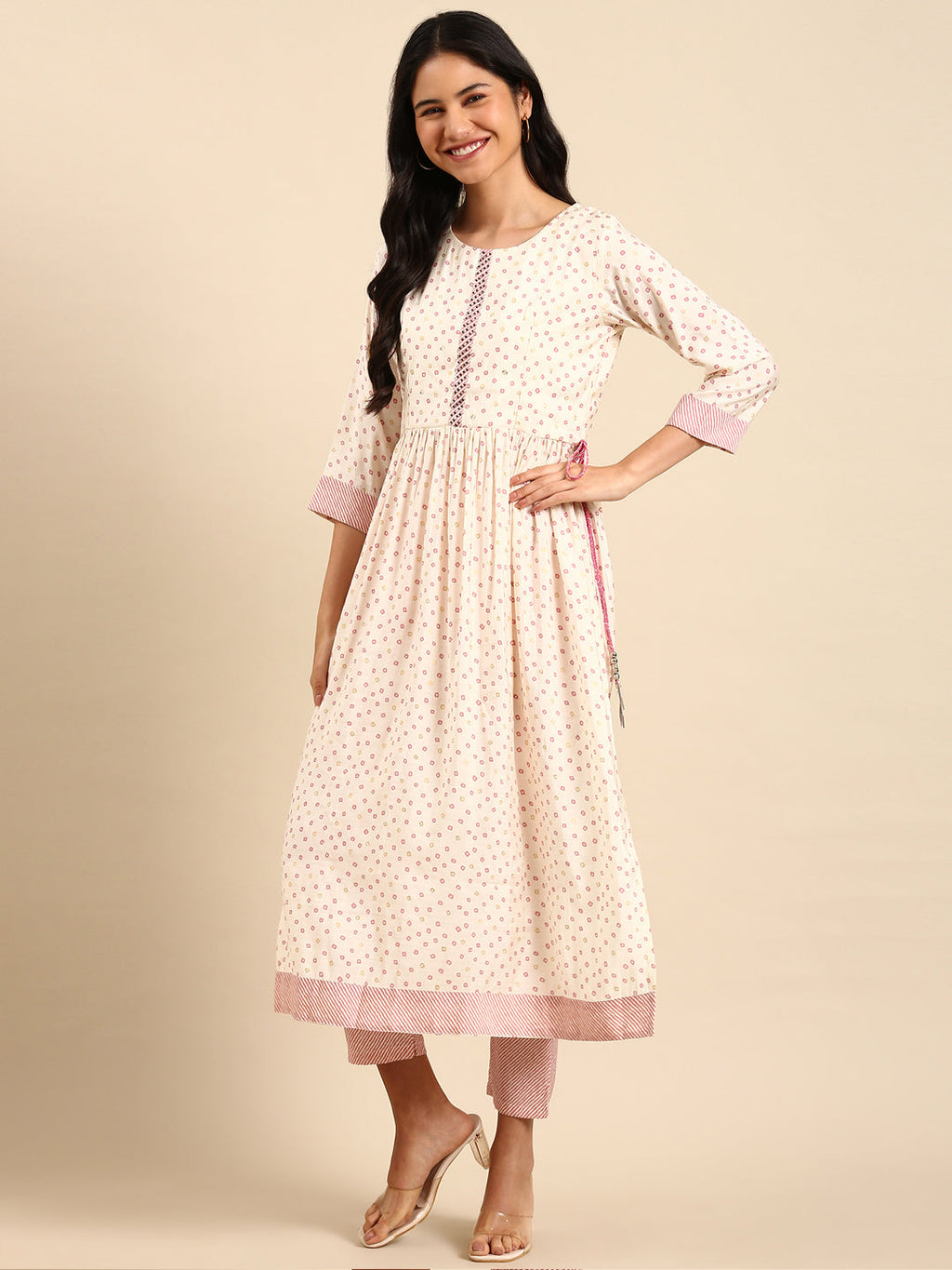 Women's Bandhani Cream Anarkali Kurta Set