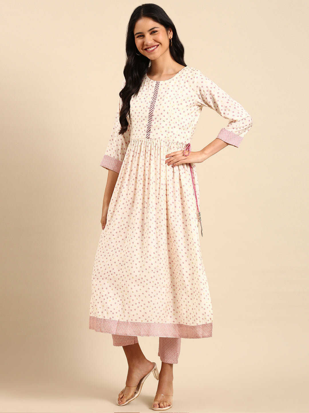 Women's Bandhani Cream Anarkali Kurta Set