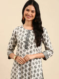 Women's Ethnic Graphic Off White Straight Kurta Set