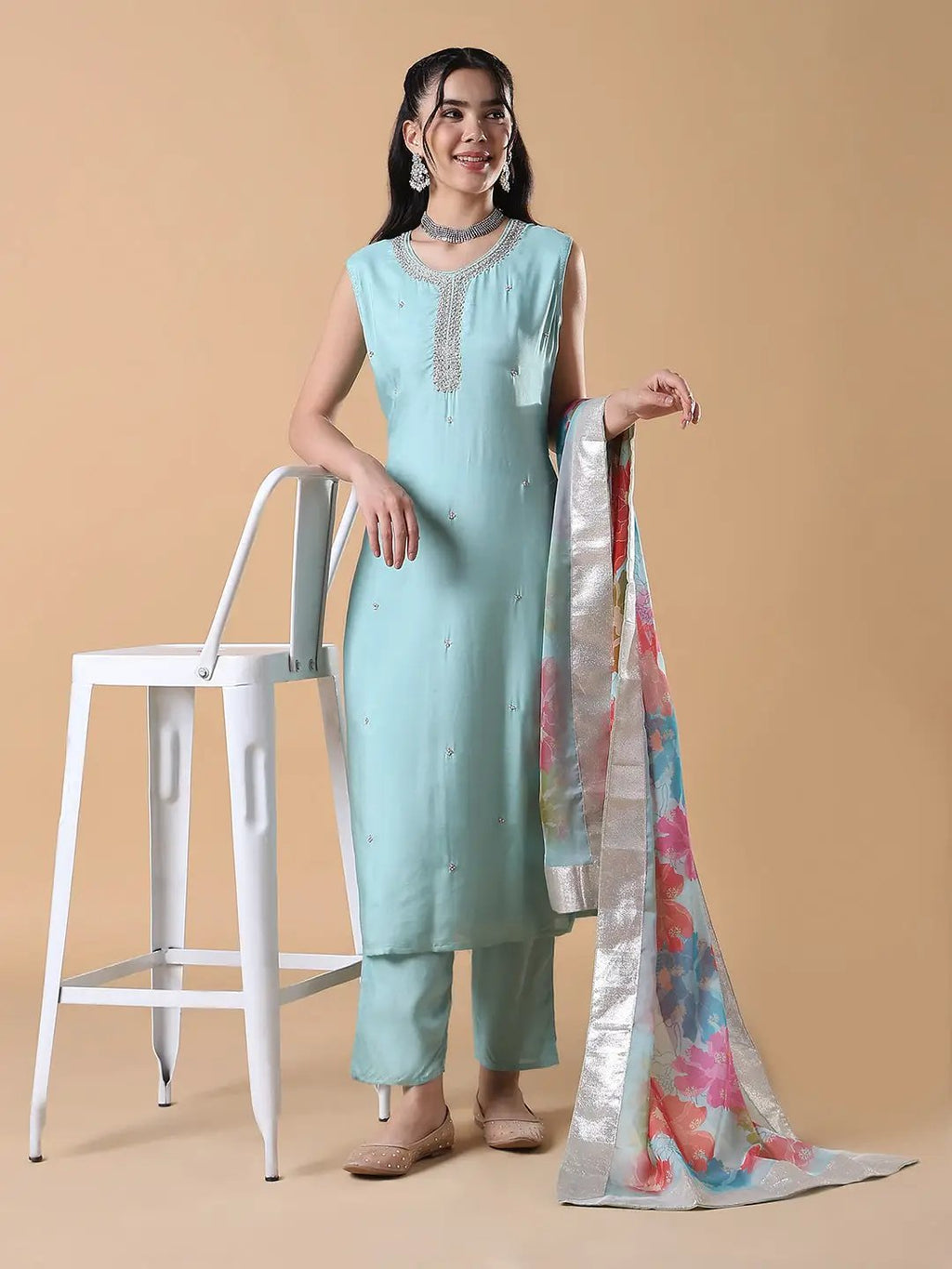 Women's Solid Straight Blue Zari Work Kurta Set with Dupatta