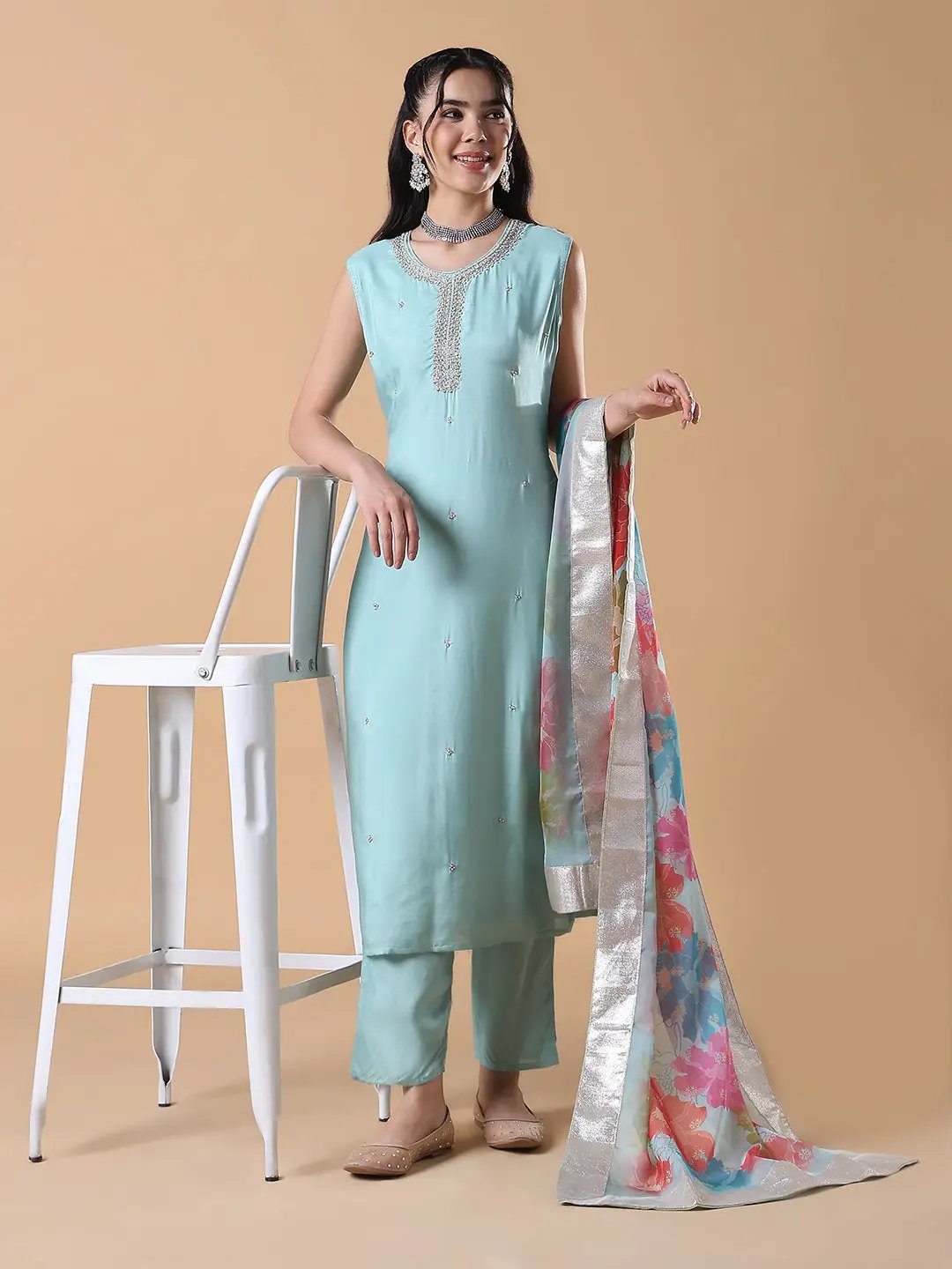 Women's Solid Straight Blue Zari Work Kurta Set with Dupatta