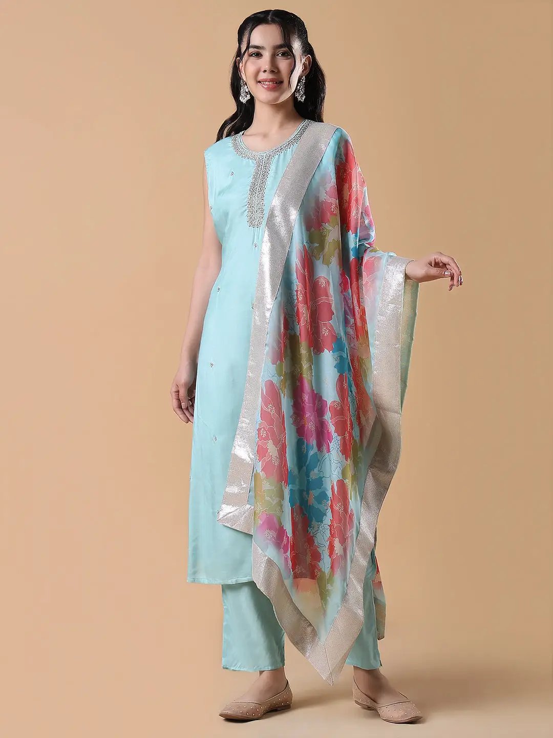 Women's Solid Straight Blue Zari Work Kurta Set with Dupatta