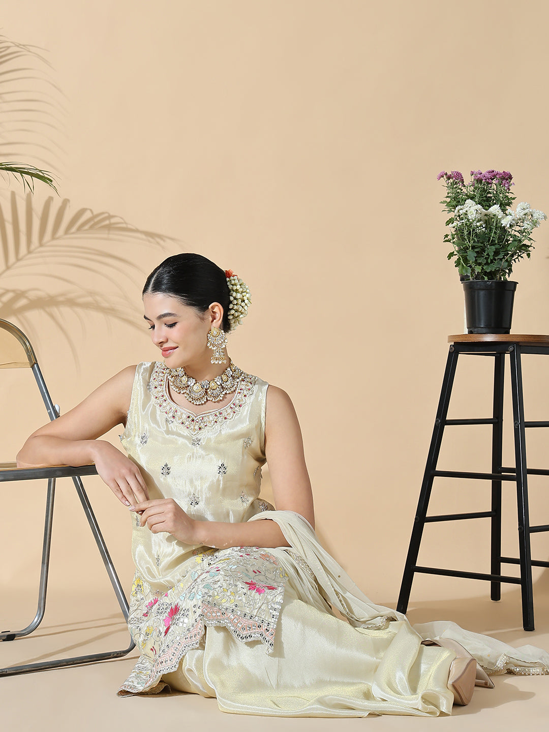 Women's Floral Straight Thread Work Cream Kurta with Palazzos