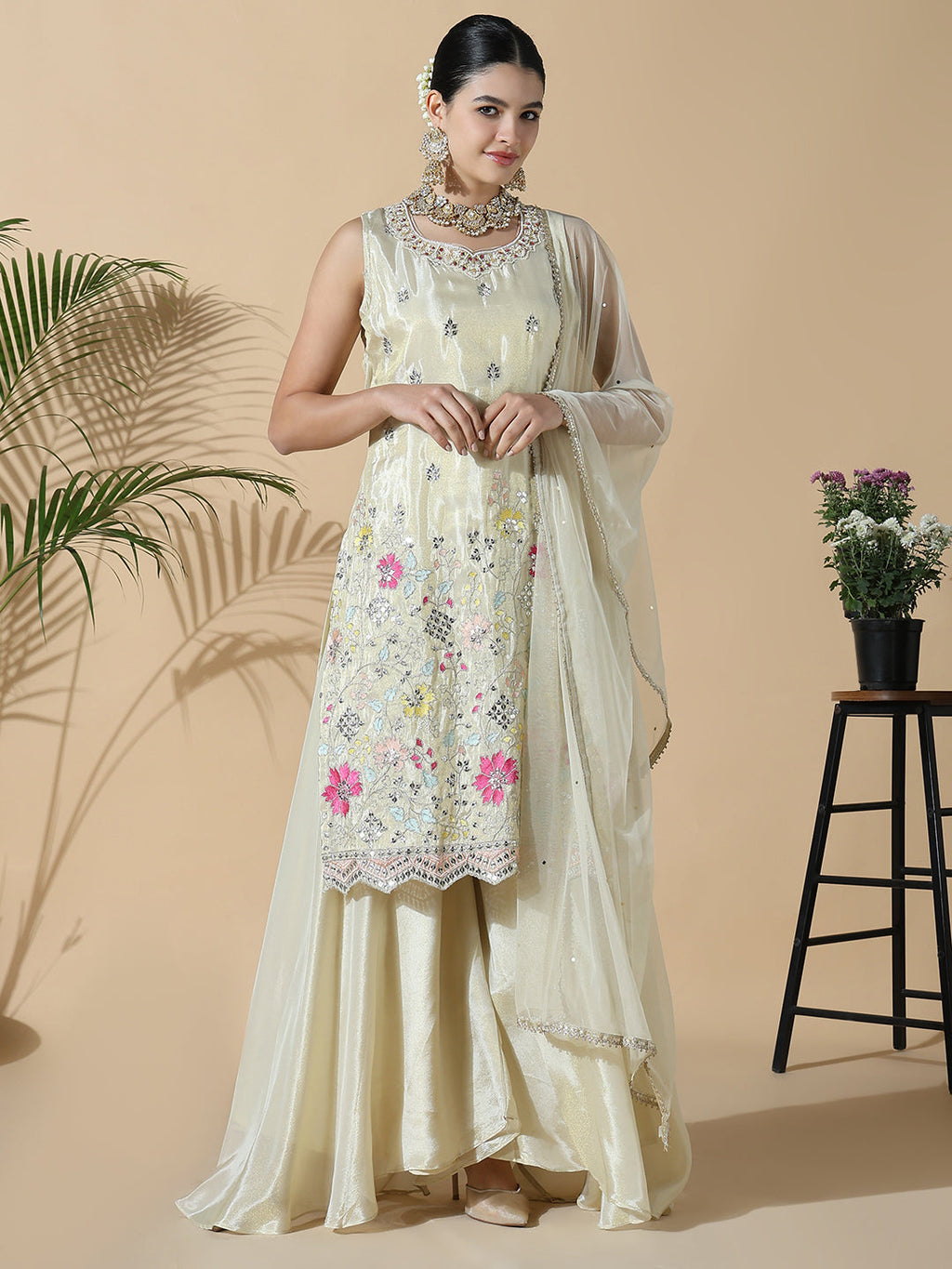 Women's Floral Straight Thread Work Cream Kurta with Palazzos
