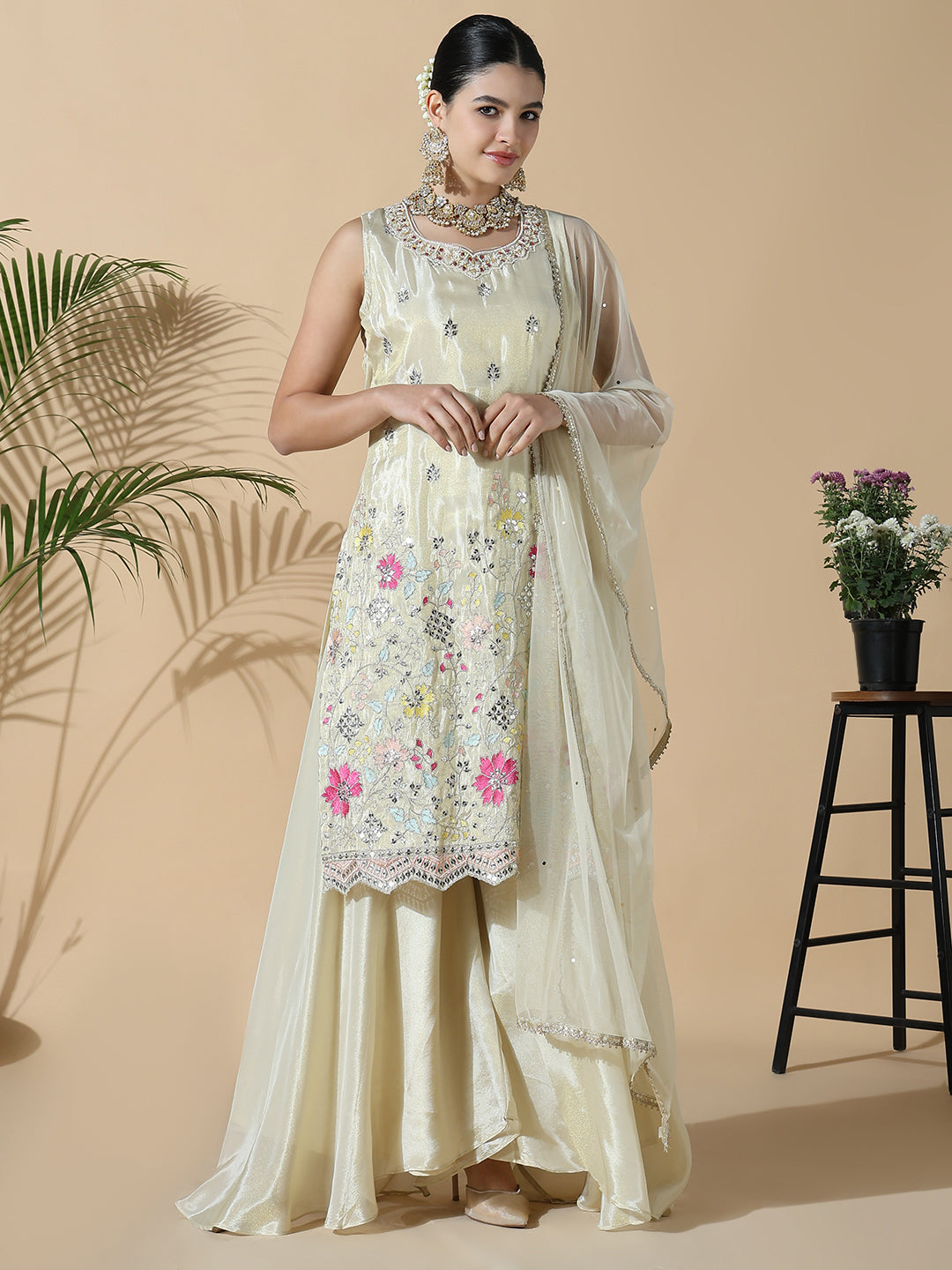 Women's Floral Straight Thread Work Cream Kurta with Palazzos