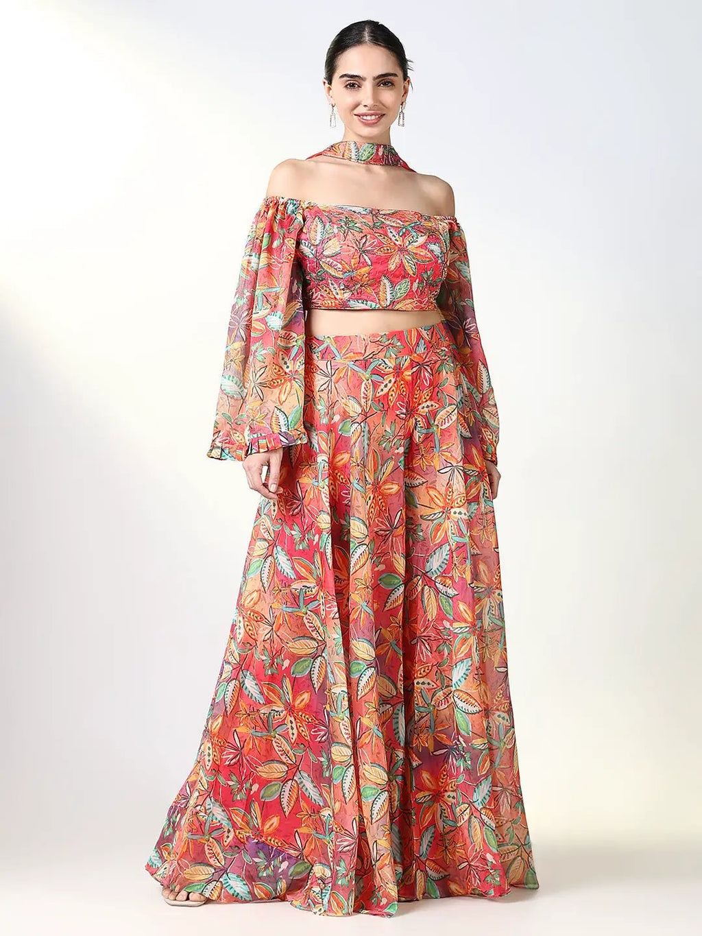 Women's Floral Red Indowestern Top and Palazzo with Dupatta