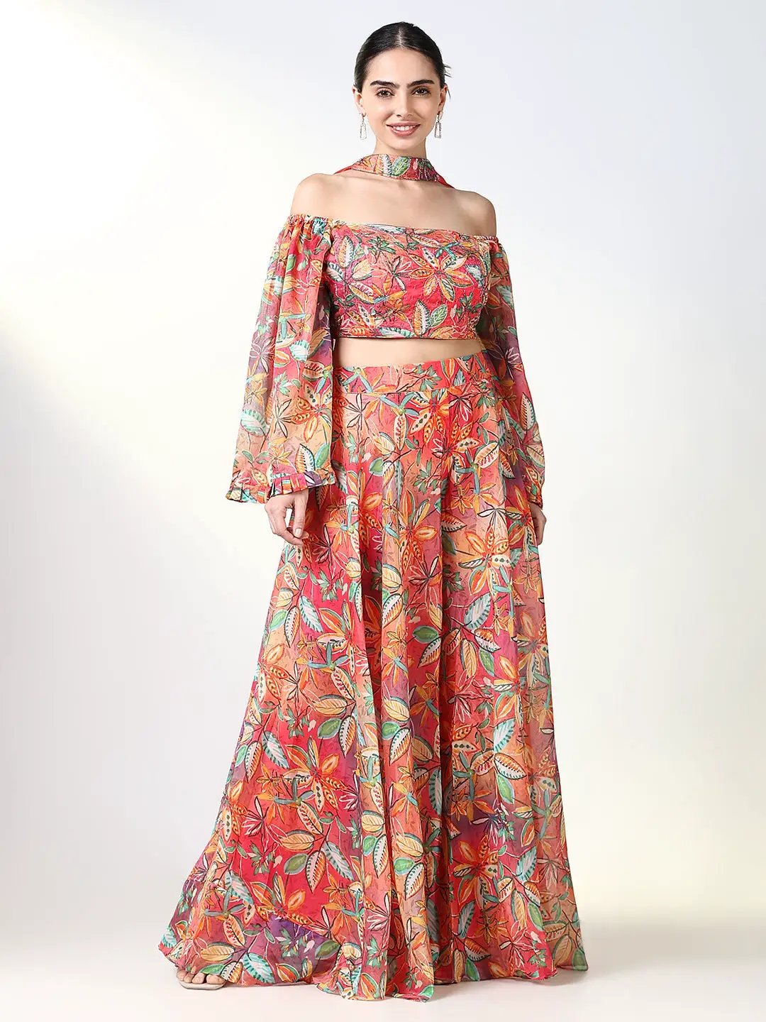 Women's Floral Red Indowestern Top and Palazzo with Dupatta