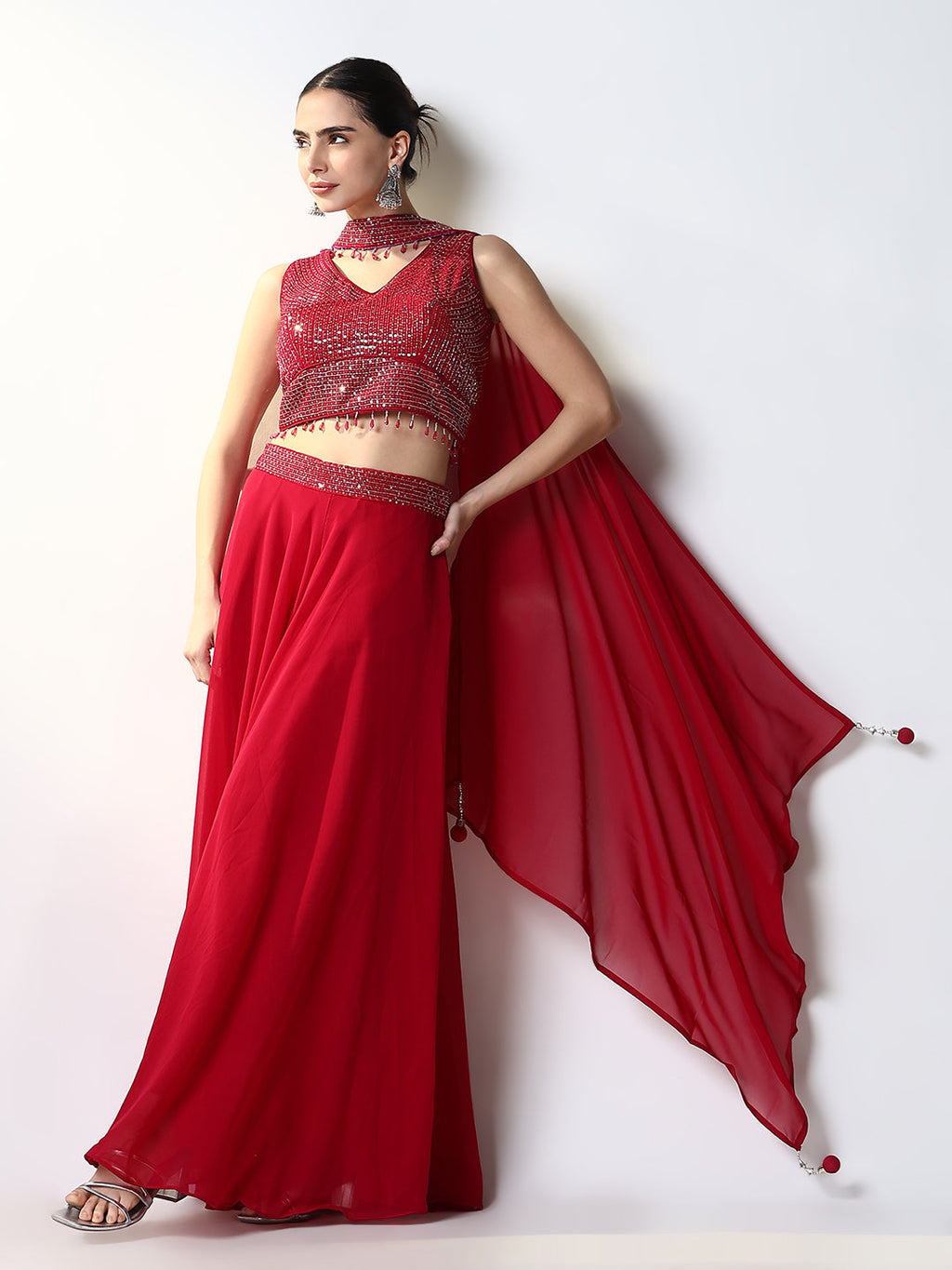 Women's Solid Pink Indowestern Top and Palazzo with Dupatta