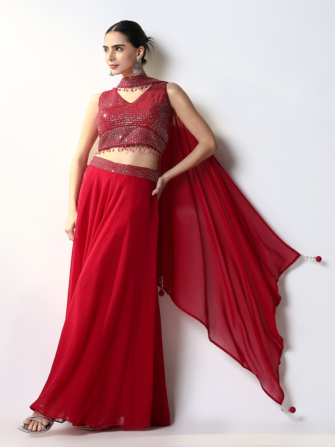 Women's Solid Pink Indowestern Top and Palazzo with Dupatta
