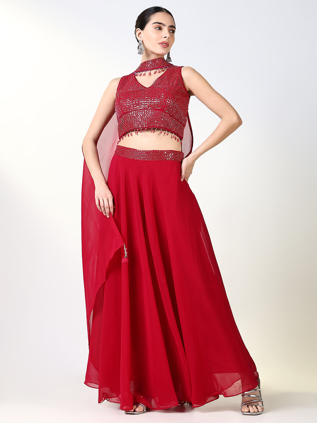 Women's Solid Pink Indowestern Top and Palazzo with Dupatta