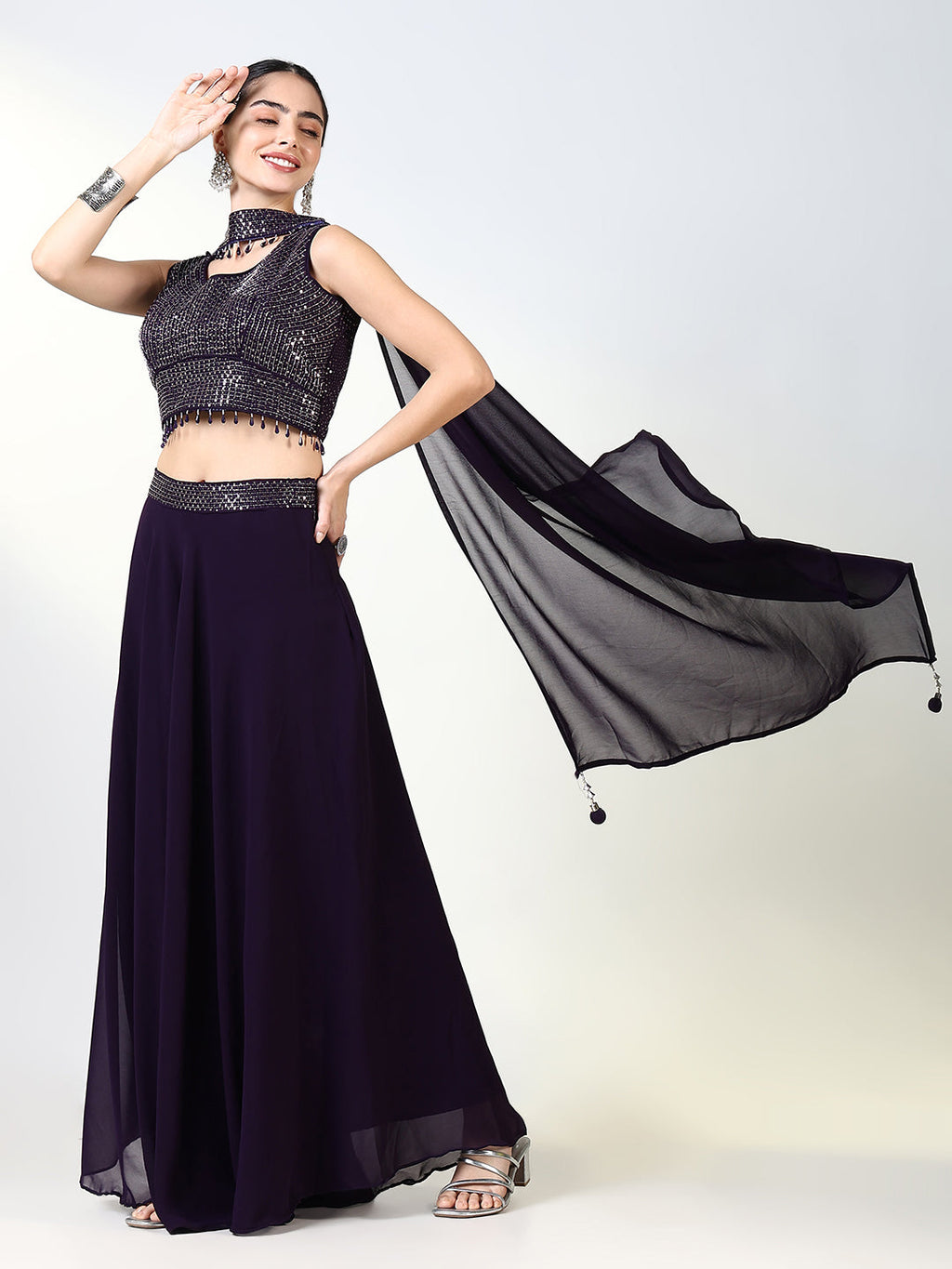 Women's Solid Purple Indowestern Top and Palazzo with Dupatta