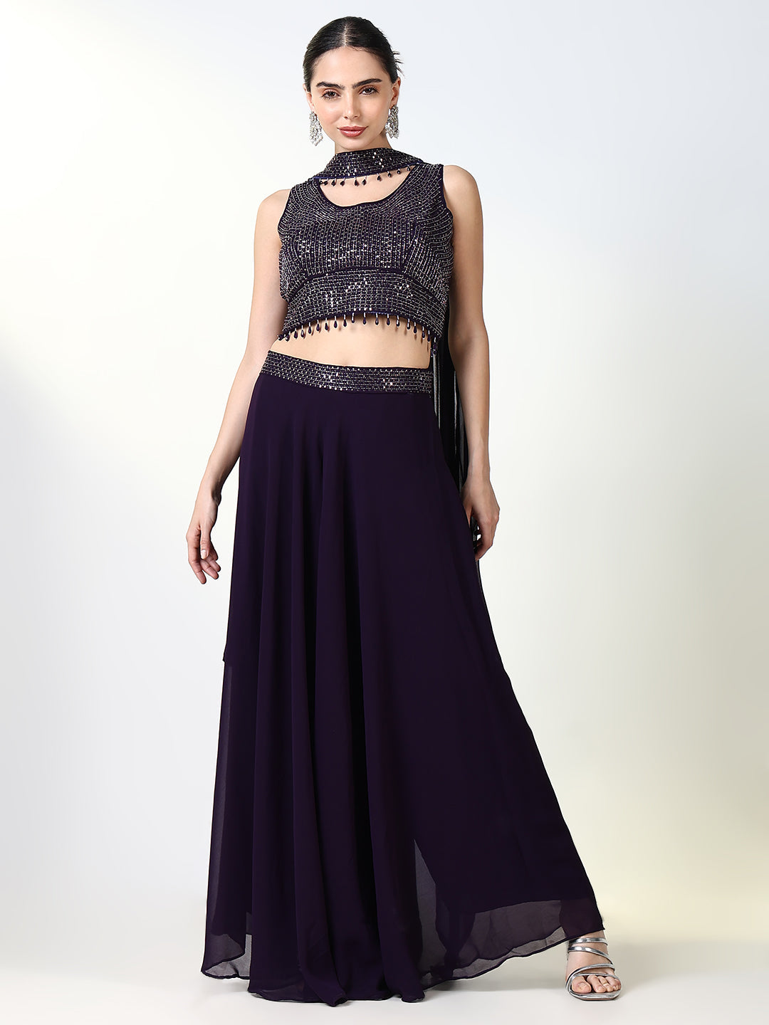 Women's Solid Purple Indowestern Top and Palazzo with Dupatta