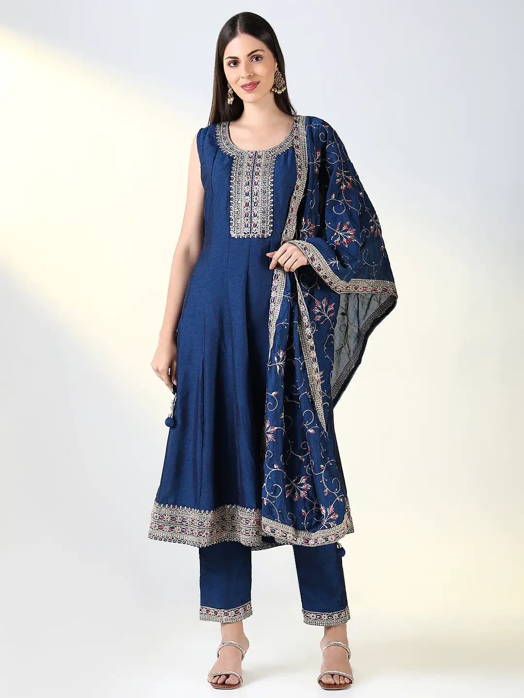 Women's Teal Solid Anarkali Kurta Set with Dupatta