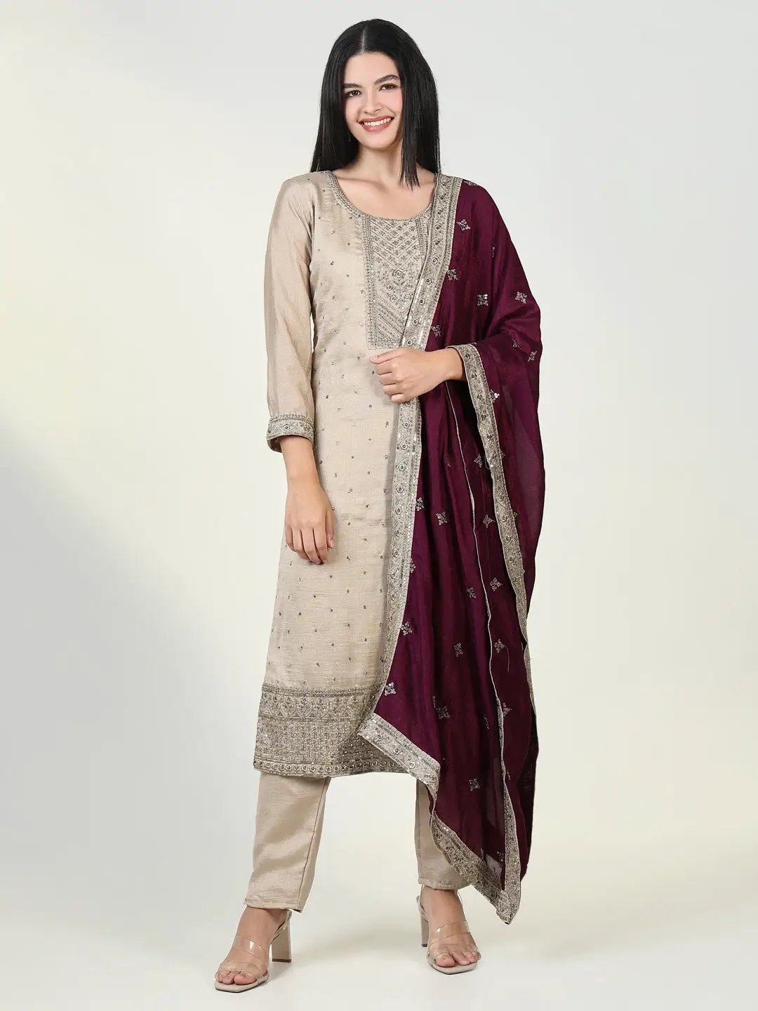 Women's Embroidered Beige Kurta Set with Dupatta