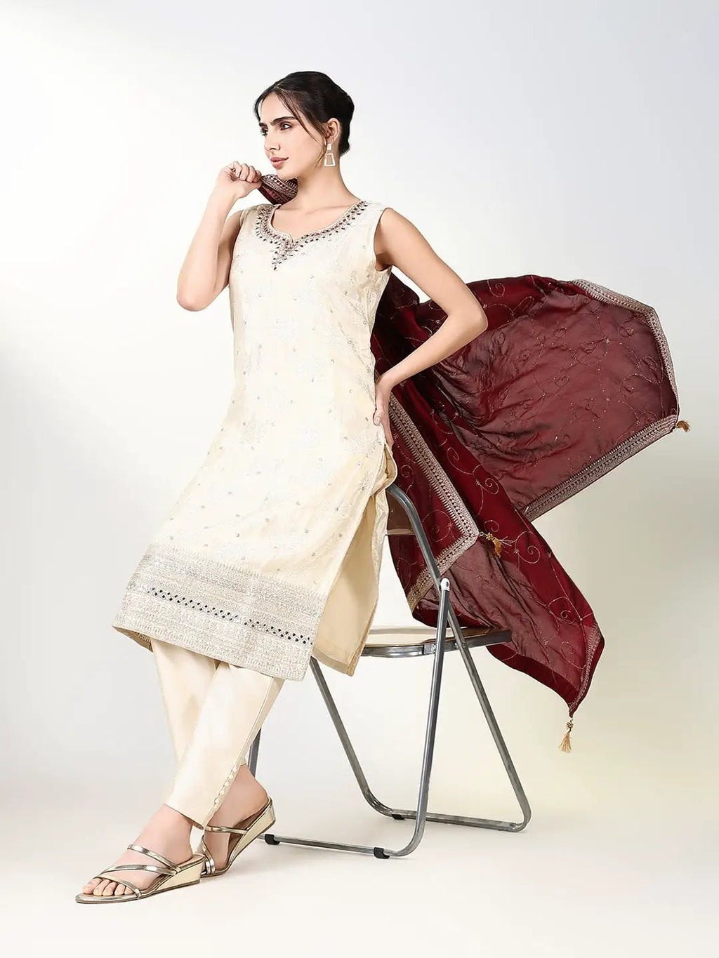 Women's Ethnic Solid Cream Straight Kurta Set with Dupatta