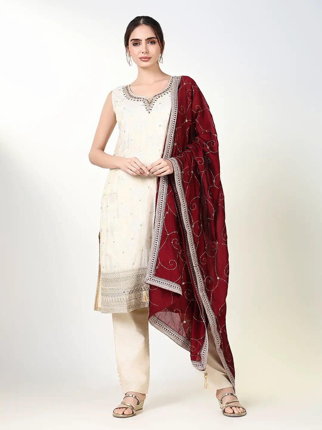 Women's Ethnic Solid Cream Straight Kurta Set with Dupatta
